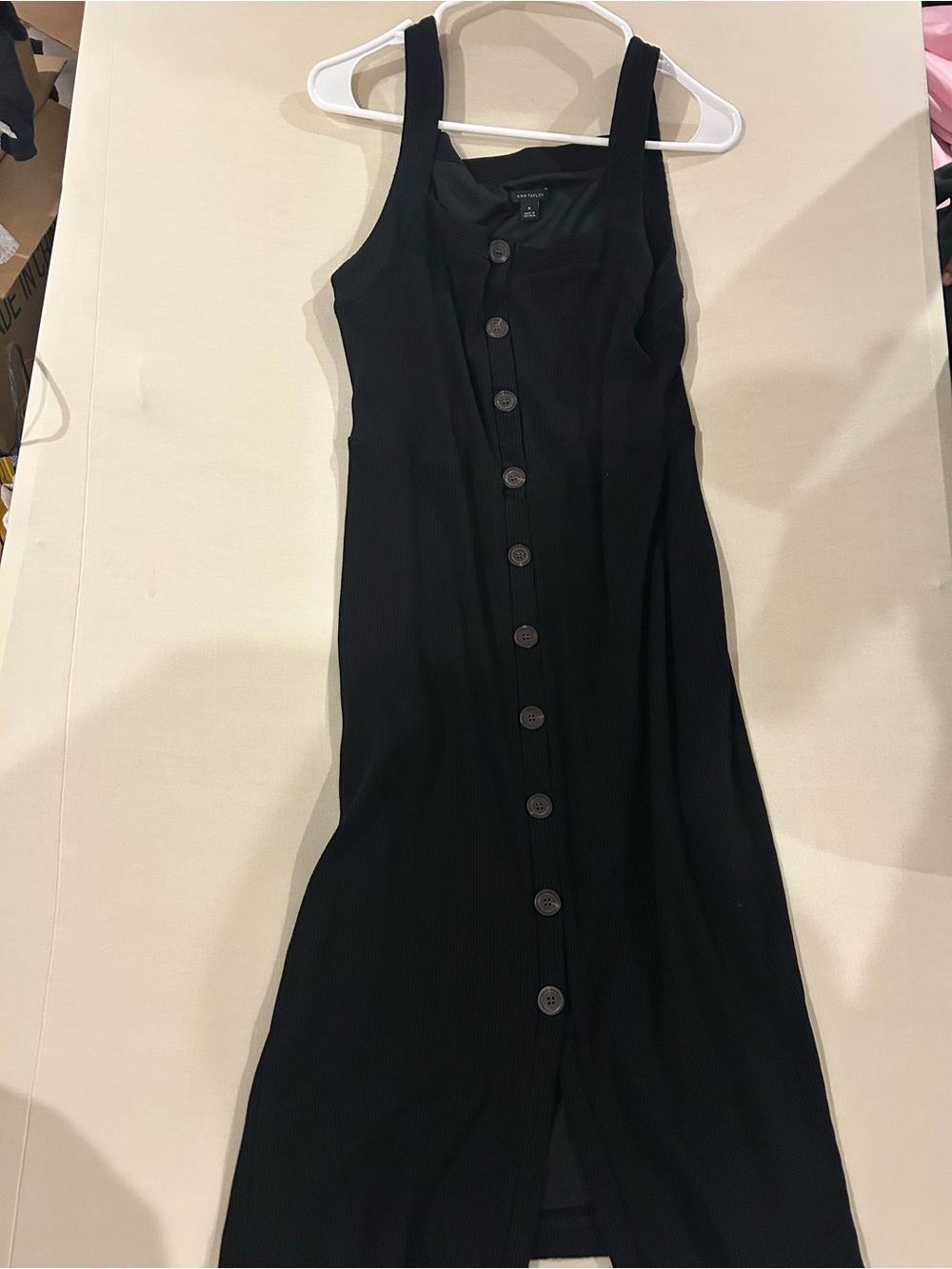 Ann Taylor Black Button-Front Ribbed Midi Dress